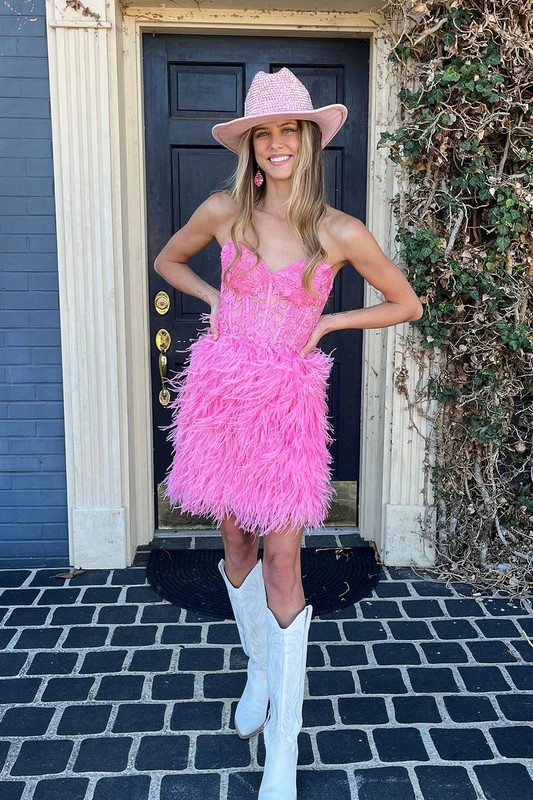 Pink Strapless Appliques Short Homecoming Dress with Feather