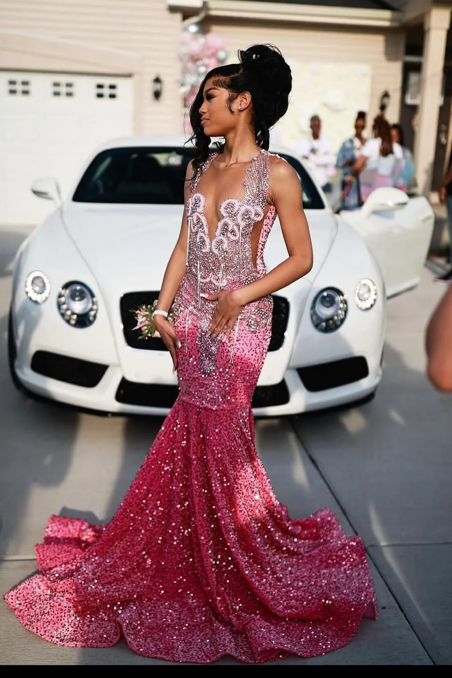 Pink V-neck Sparkle sequin Mermaid Court Train Prom Dresses