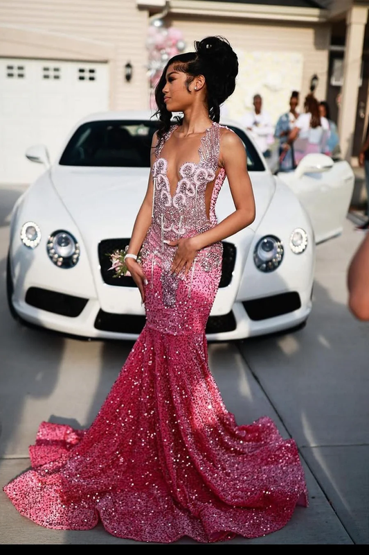 Pink V-neck Sparkle sequin Mermaid Court Train Prom Dresses