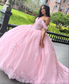 Vestido de baile de tule rosa com ombros de fora, vestido de baile de 16 anos, vestido de quinceanera