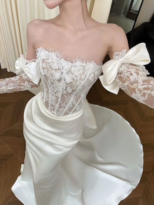 Pretty Mermaid Strapless Bow White Lace Satin Long Sweep Prom Dress Wedding Dress