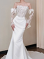 Pretty Mermaid Strapless Bow White Lace Satin Long Sweep Prom Dress Wedding Dress