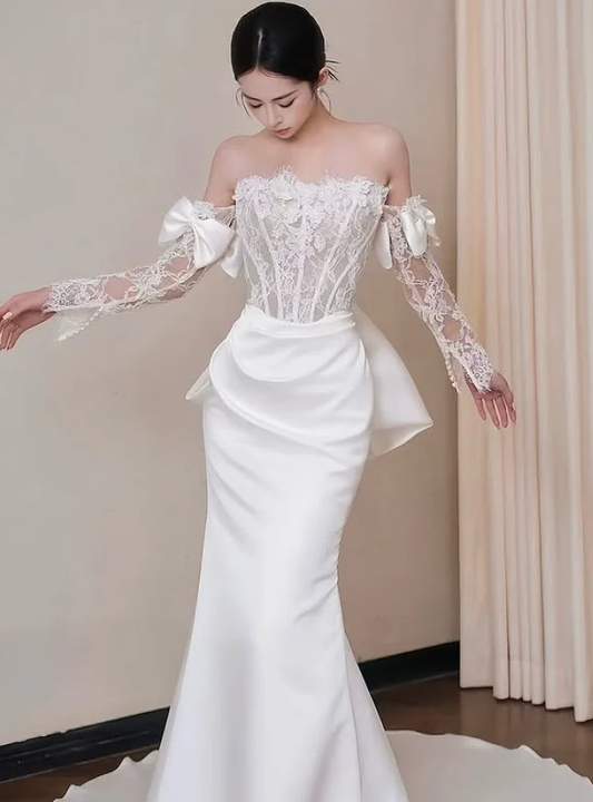 Pretty Mermaid Strapless Bow White Lace Satin Long Sweep Prom Dress Wedding Dress