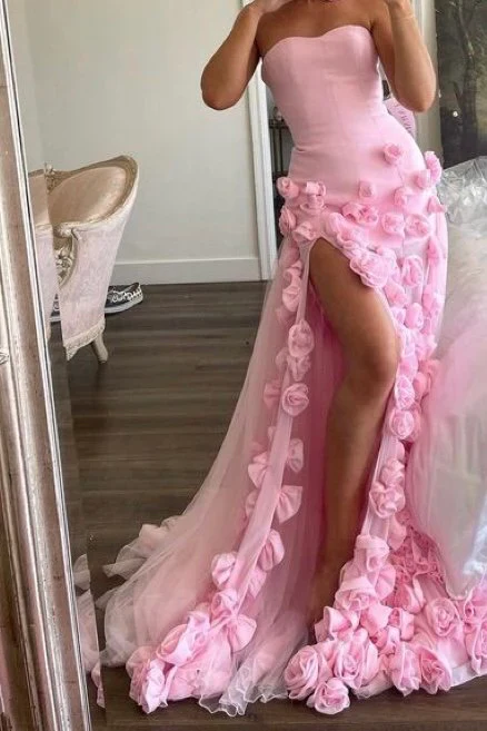 Pretty Sheath Sweetheart Pink Long Slit Prom Dresses Formal Evening Dress