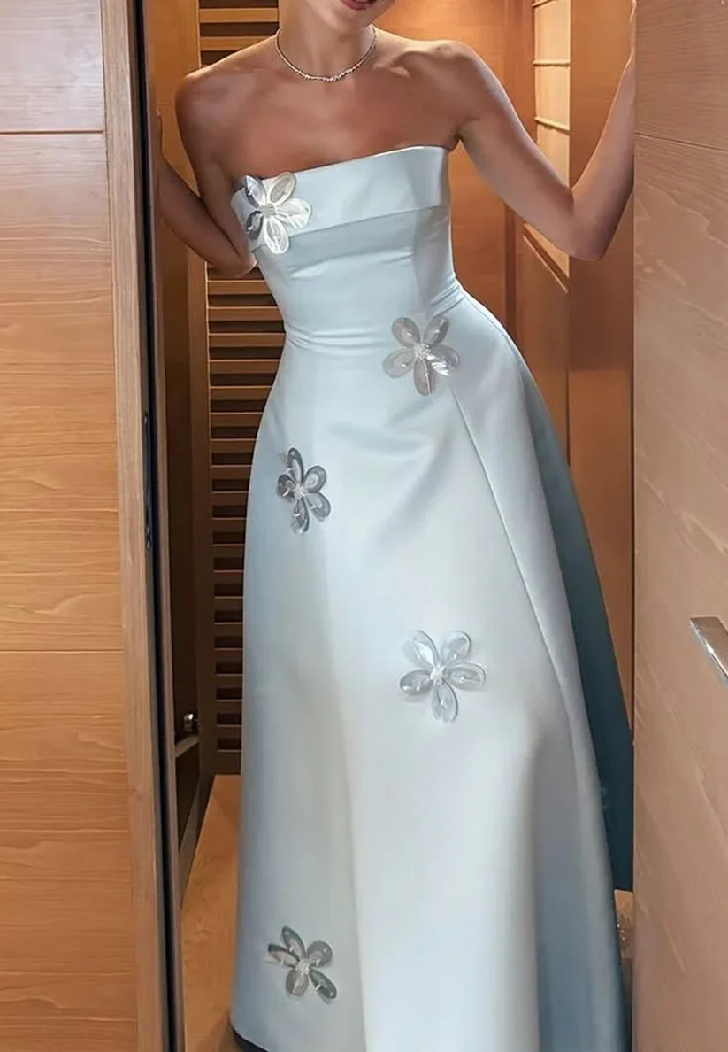 Pretty Strapless Blue Satin Sequin Flowers Long Party Gown Formal Guest Dress