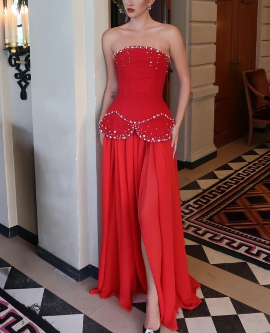 Pretty Strapless Red Chiffon Sequin Beaded Slit Mermaid Prom Dress Long Party Dress