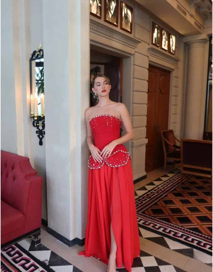 Pretty Strapless Red Chiffon Sequin Beaded Slit Mermaid Prom Dress Long Party Dress