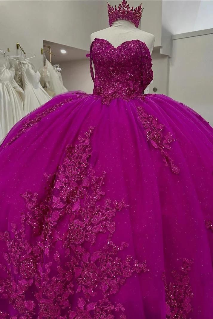 Princess Ball Gown Fuchsia Off Shoulder Tulle Appliqued Quinceanera Dresses