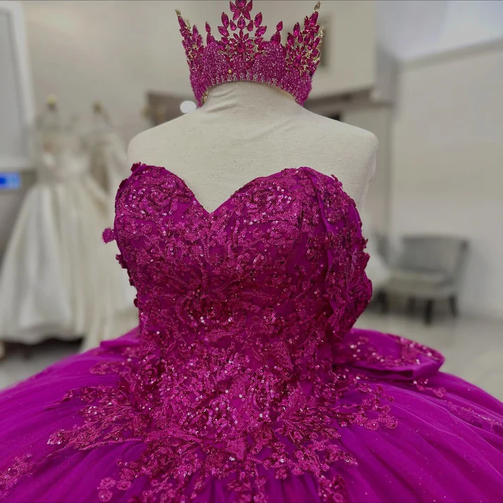 Princess Ball Gown Fuchsia Off Shoulder Tulle Appliqued Quinceanera Dresses