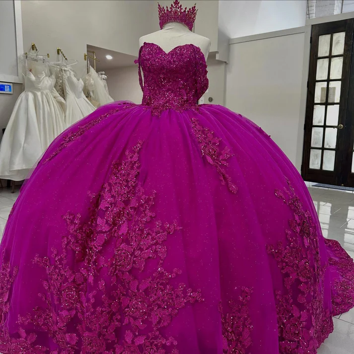 Princess Ball Gown Fuchsia Off Shoulder Tulle Appliqued Quinceanera Dresses