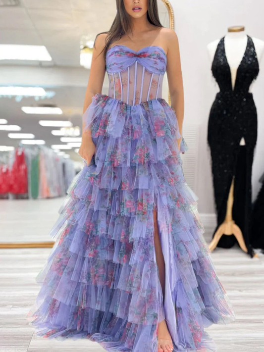 Purple Strapless A Line Tulle Printed Ruffle Tiered Prom Dresses With Slit