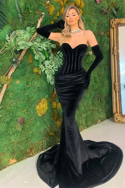 Black Sweetheart Mermaid Prom Dress Velvet with Gloves