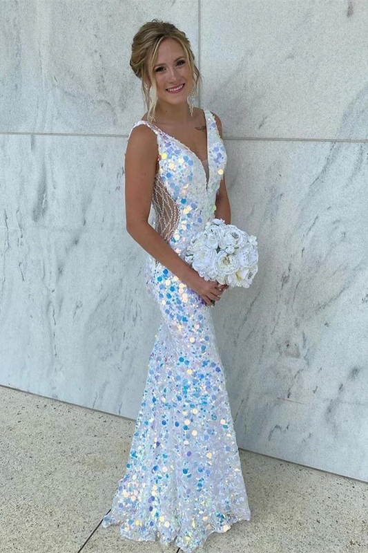 Vestido de festa longo com decote em V e lantejoulas, estilo sereia