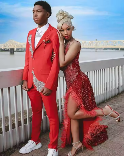 Red Sparkly Mermaid Prom Dresses Luxuey Diamond Crystal Feather Black Girl Sexy Slit Runway Party Birthday Gown for High School