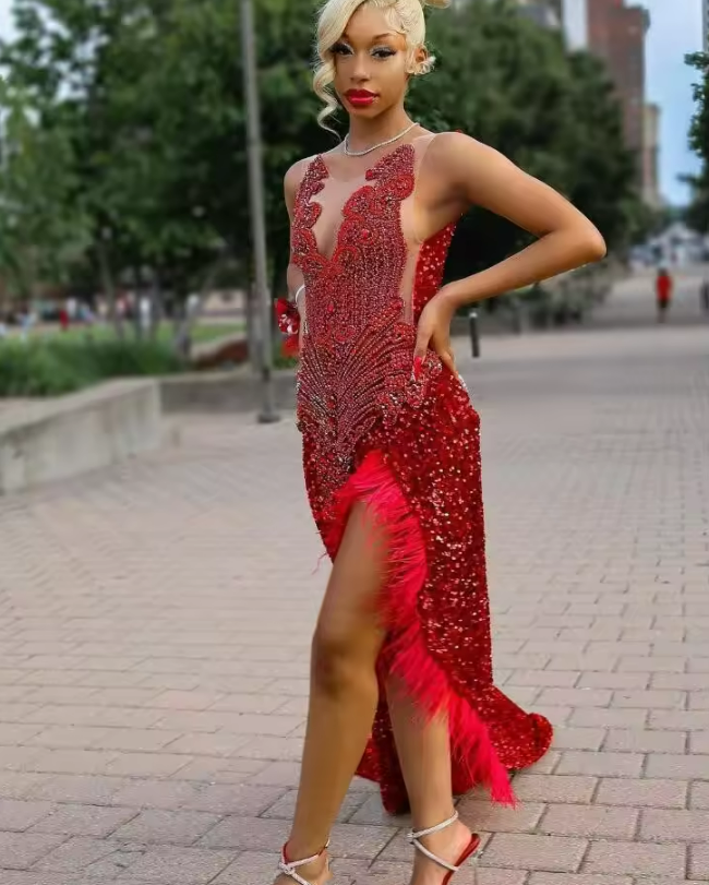 Red Sparkly Mermaid Prom Dresses Luxuey Diamond Crystal Feather Black Girl Sexy Slit Runway Party Birthday Gown for High School