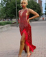 Red Sparkly Mermaid Prom Dresses Luxuey Diamond Crystal Feather Black Girl Sexy Slit Runway Party Birthday Gown for High School