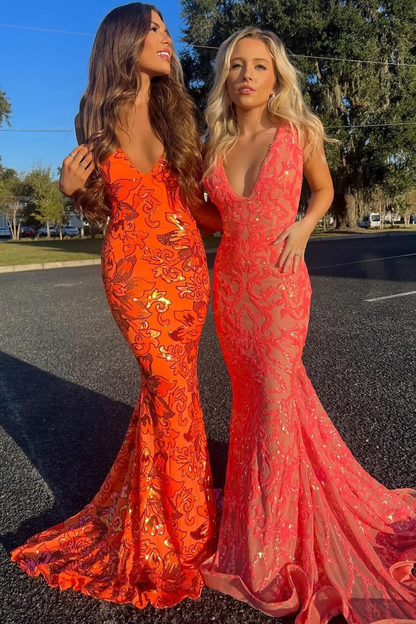 Romantic Mermaid V Neck Orange Sequin Lace Long Prom Dress
