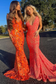 Romantic Mermaid V Neck Orange Sequin Lace Long Prom Dress