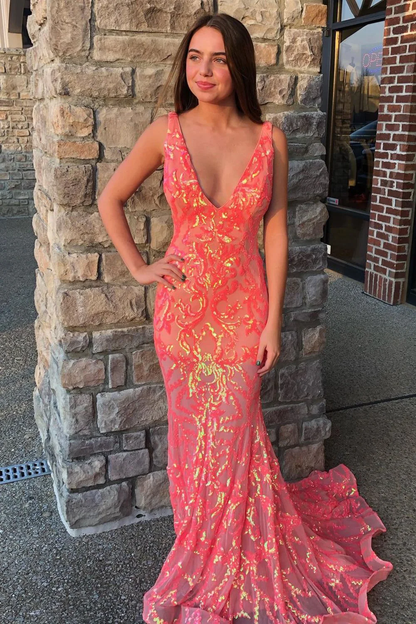 Romantic Mermaid V Neck Orange Sequin Lace Long Prom Dress