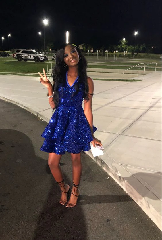 Royal Blue Sequins A-line Graduation Dress,Royal Blue Short Homecoming Dress,Royal Blue Party Dress