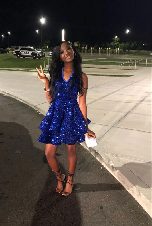 Royal Blue Sequins A-line Graduation Dress,Royal Blue Short Homecoming Dress,Royal Blue Party Dress