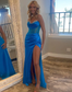 Royal Blue Strapless Satin Mermaid Prom Dress With Beading