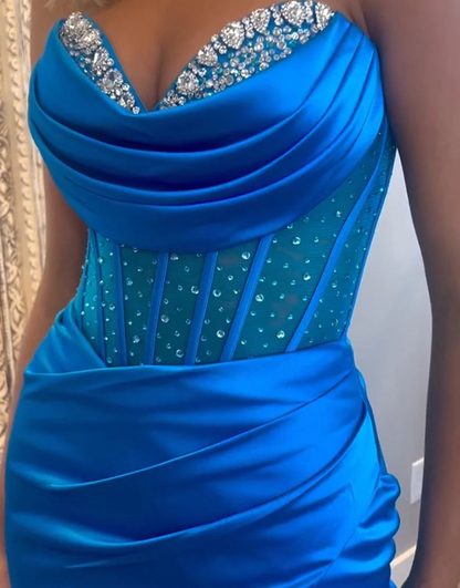 Royal Blue Strapless Satin Mermaid Prom Dress With Beading