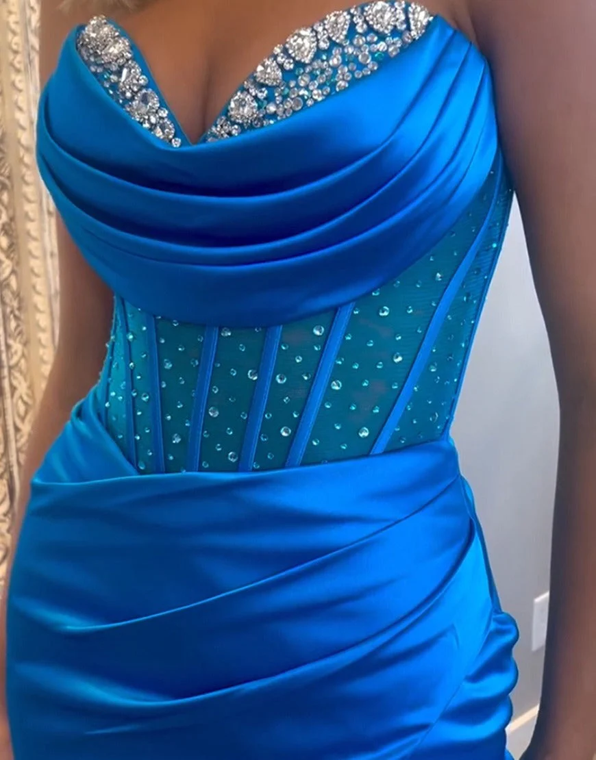 Royal Blue Strapless Satin Mermaid Prom Dress With Beading