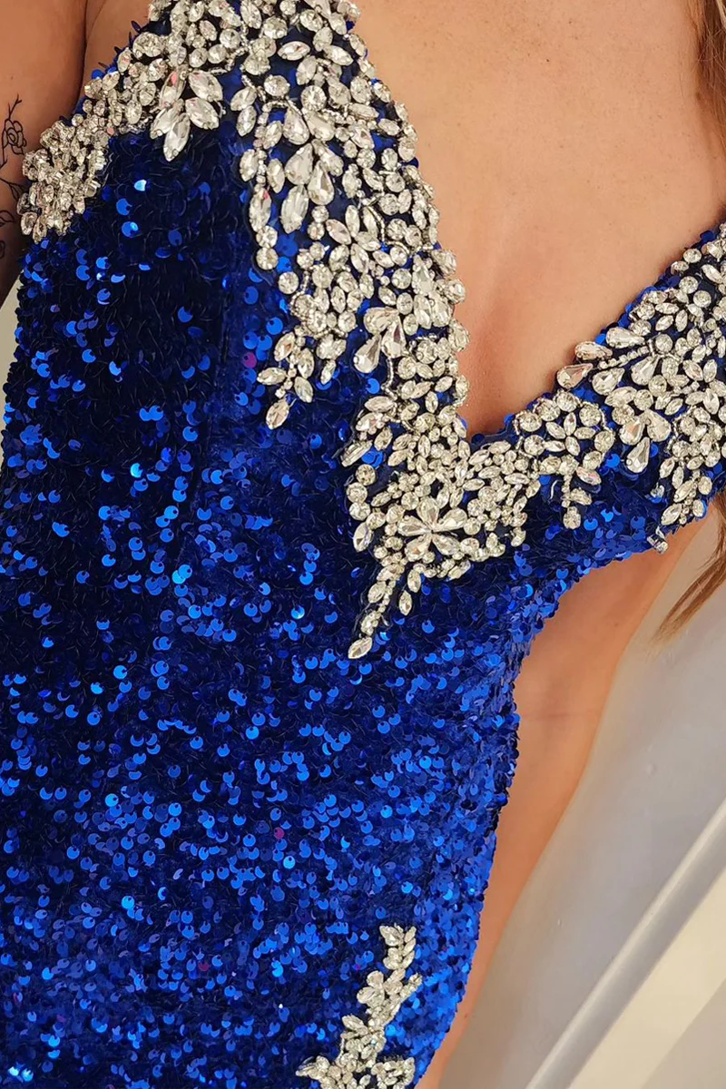 Royal Blue Strapless Sequin Lace Long Prom Dresses with Slit