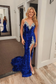 Royal Blue Strapless Sequin Lace Long Prom Dresses with Slit