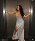 Sparkle Silver Sequin High Split Prom Dresses Black Girls 2025 Exquisite Crystal Deep V-Neck Evening Gowns African Customized