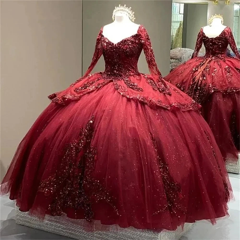 Vestidos de princesa de mangas compridas cor vinho brilhantes para 15 anos, vestidos de baile de 16 anos em renda, vestido de festa de aniversário