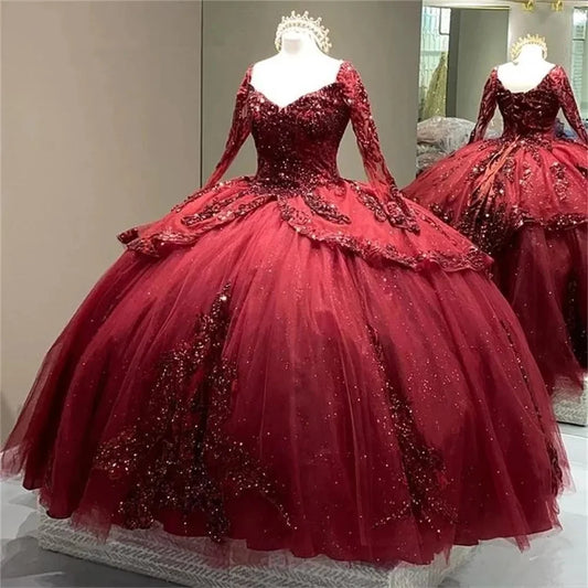 Vestidos de princesa de mangas compridas cor vinho brilhantes para 15 anos, vestidos de baile de 16 anos em renda, vestido de festa de aniversário
