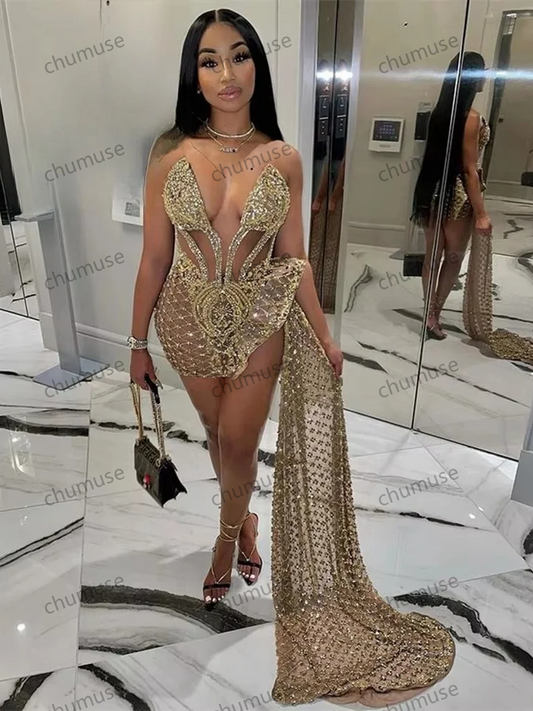 Vestidos de fiesta cortos africanos negros sin mangas con escote en forma de corazón brillante, lentejuelas doradas, con cola lateral para cumpleaños, personalizados