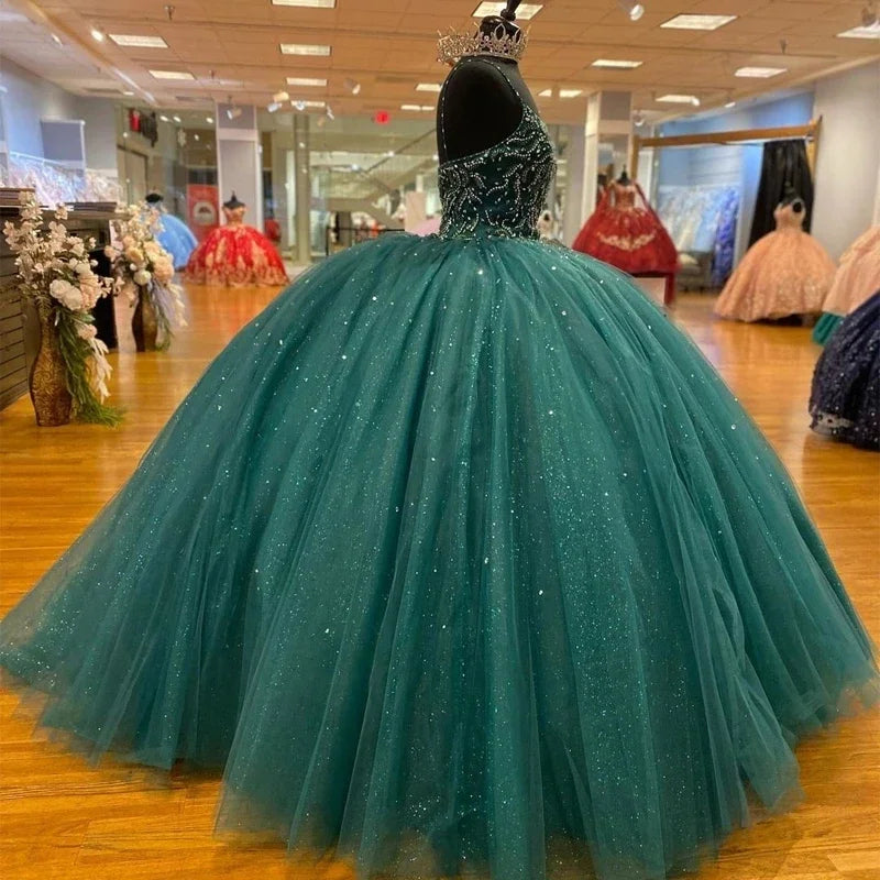 Vestidos de princesa com alças finas verde-escuro brilhantes, quinceanera, lantejoulas, cristal, vestidos de 15 anos, festa de aniversário, baile