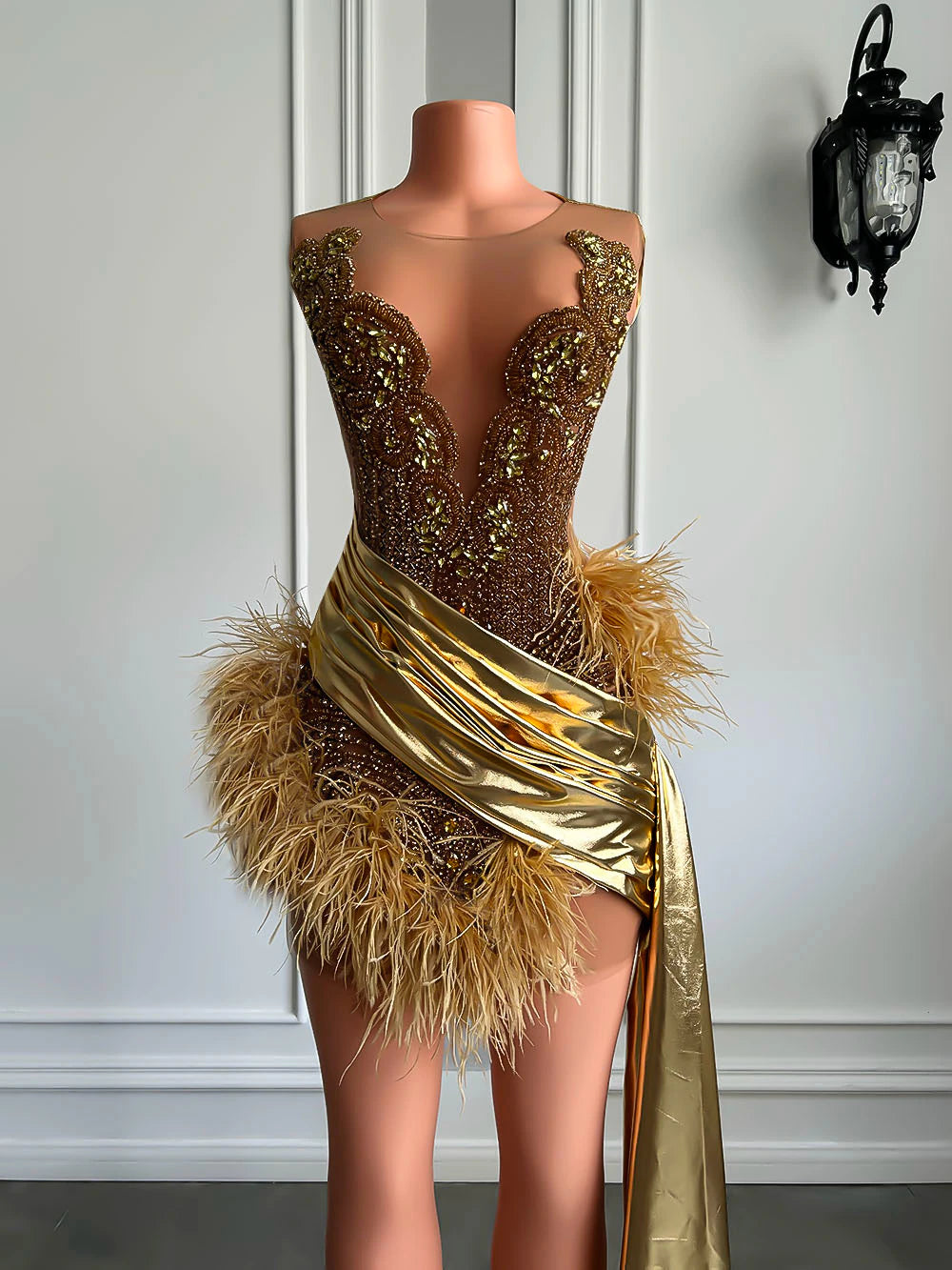 Vestidos de cóctel formales de lujo con diamantes dorados y transparentes, negros, cortos y con plumas para niñas, para fiesta de graduación y cumpleaños. 