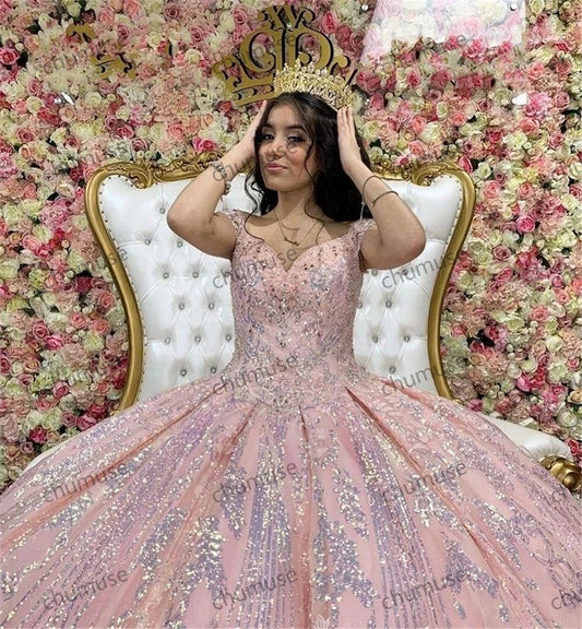 Vestidos de baile rosa brilhantes, vestidos de quinceanera, espartilho, lantejoulas, festa formal de aniversário
