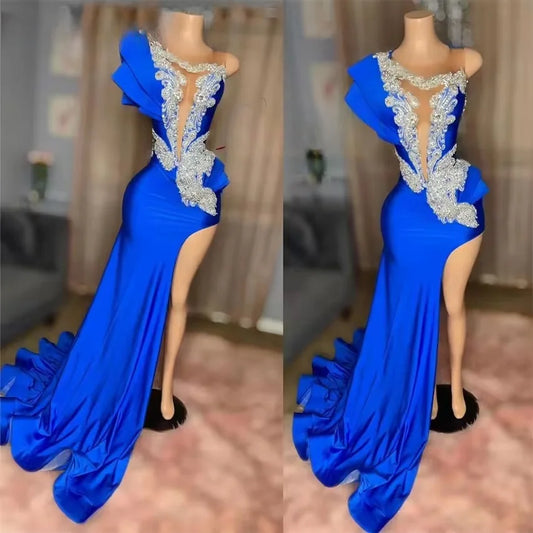 Exquisite Royal Blue Long Prom Dresses O-Neck Birthday Party Gown See-Thru Bead Diamonds Split Evening Dresses Customized