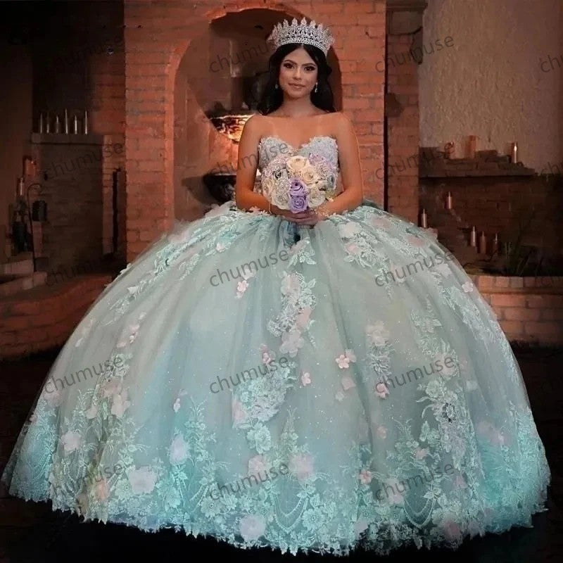 mint green quinceanera dress ball gown pink