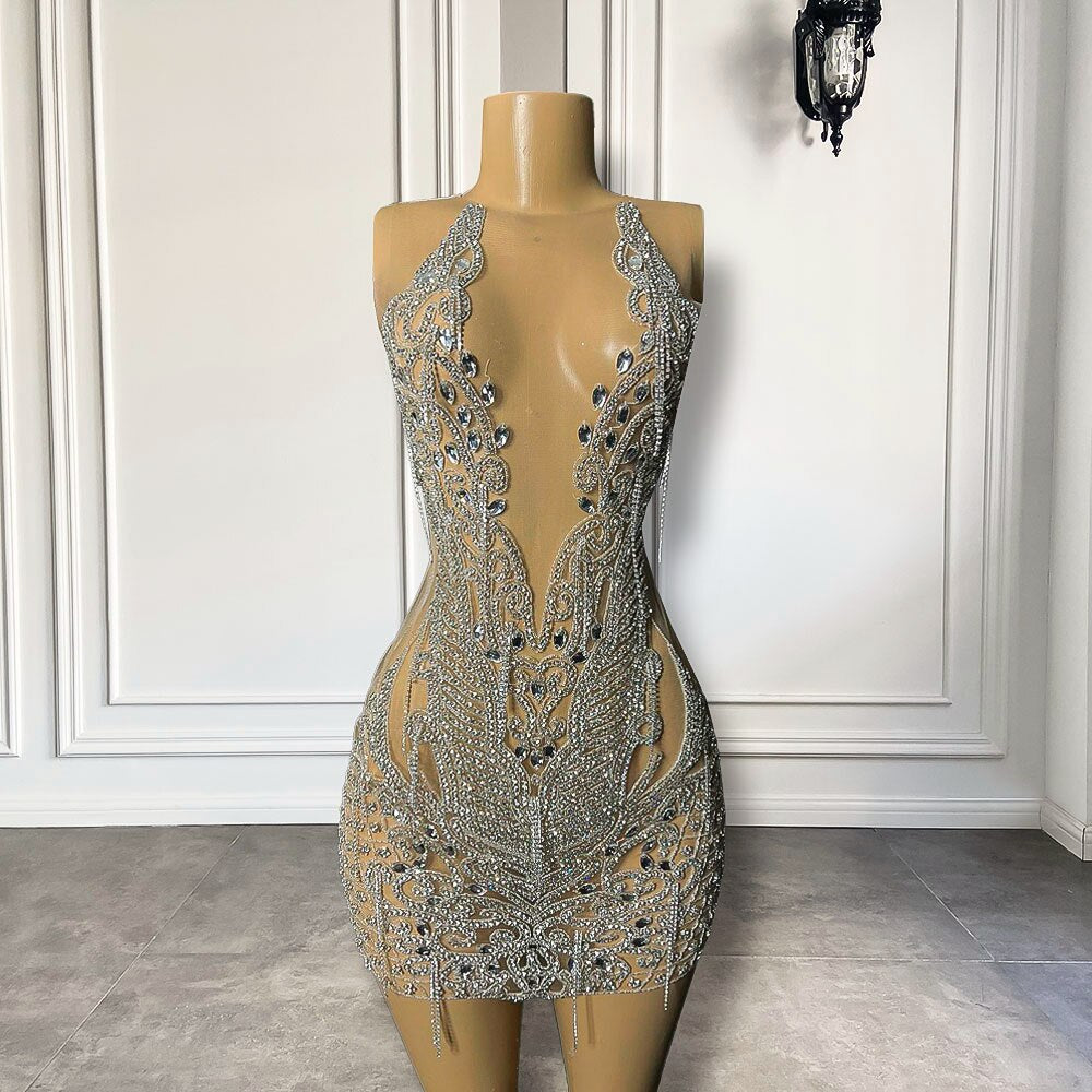 Vestidos de fiesta cortos transparentes negros sexys para niñas, vestidos de fiesta de lujo con cristales plateados y diamantes para mujeres, vestidos formales mini para fiesta de cumpleaños 