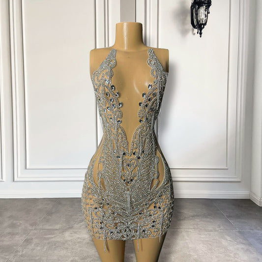 Vestidos de fiesta cortos transparentes negros sexys para niñas, vestidos de fiesta de lujo con cristales plateados y diamantes para mujeres, vestidos formales mini para fiesta de cumpleaños 