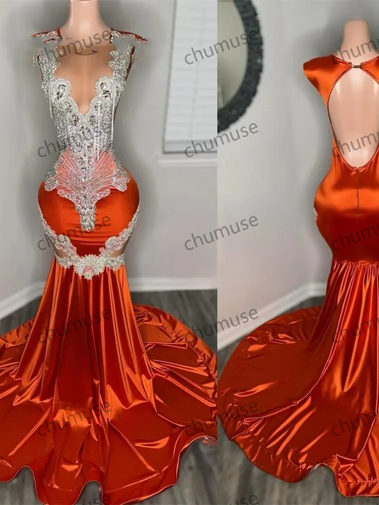 Vestidos de fiesta naranjas sin espalda de lujo para niñas negras con cuentas plateadas y diamantes de imitación 
