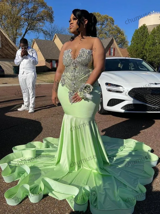 Vestido formal de sirena brillante verde menta para ceremonia de graduación, para niña negra, de lujo, con diamantes, para noche de cumpleaños y gala, talla grande