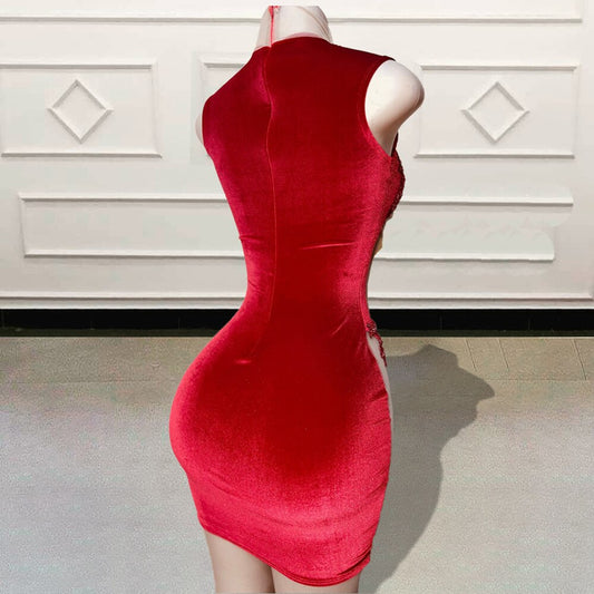 Vestidos de fiesta cortos de lujo en rojo diamante para fiesta de cumpleaños, con apliques de cuentas, sexys, transparentes, minivestidos de cóctel para mujer.