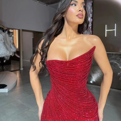 Customized Red Beading A-line Side Slit robes de soirée Strapless Backless Party Dresses Floor-Length Prom Dress 2025