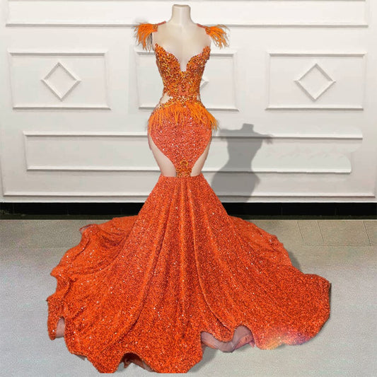 Vestidos de fiesta largos de sirena de lujo en color naranja para fiesta de cumpleaños, con plumas y lentejuelas brillantes, vestidos de noche formales personalizados para mujer. 