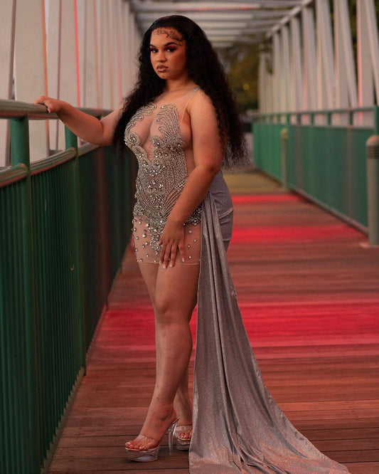Vestidos de fiesta de cumpleaños para mujer, de talla grande, transparentes, de lujo, con cristales brillantes, negros, cortos, con cola lateral 