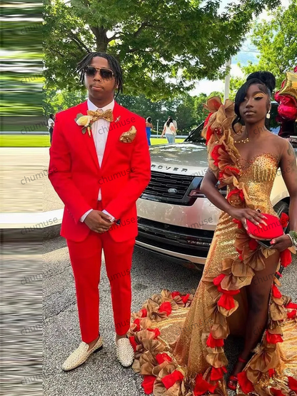 Mixed Colore Red &Gold Merrmaid Evening Party Dresses Sheer Neck Ruffles Apppoqies Aso EBi Women Prom Gowns Long Formal