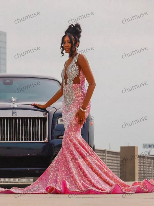 Vestido longo de sereia rosa brilhante para festa de formatura, para meninas negras, luxuoso, de veludo com cristais e diamantes, para festa de aniversário e gala