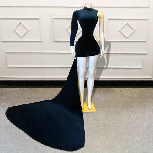 Vestidos de fiesta cortos de terciopelo negros sexys para chicas, para fiesta de cumpleaños, de una sola manga, para mujer, mini vestidos de cóctel hechos a medida 